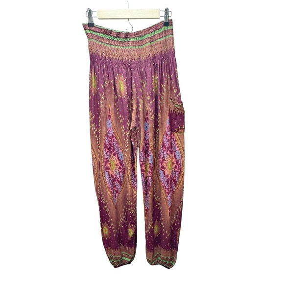 Boho Vib Harem Pants L/XL Purple Mandala Peacock Smocked Waist Yoga Joggers - Picture 2 of 6